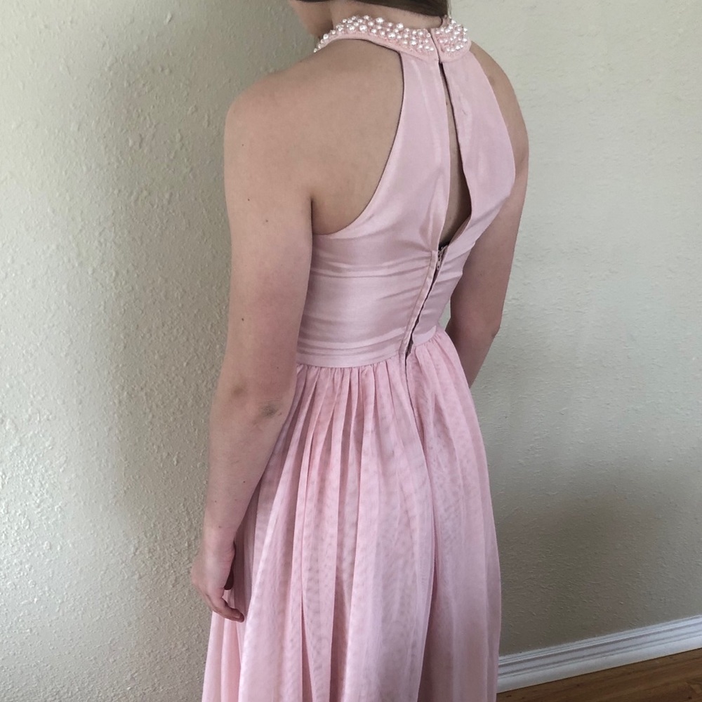 Baby Pink Prom Dress with Pearl Waist and Neckline